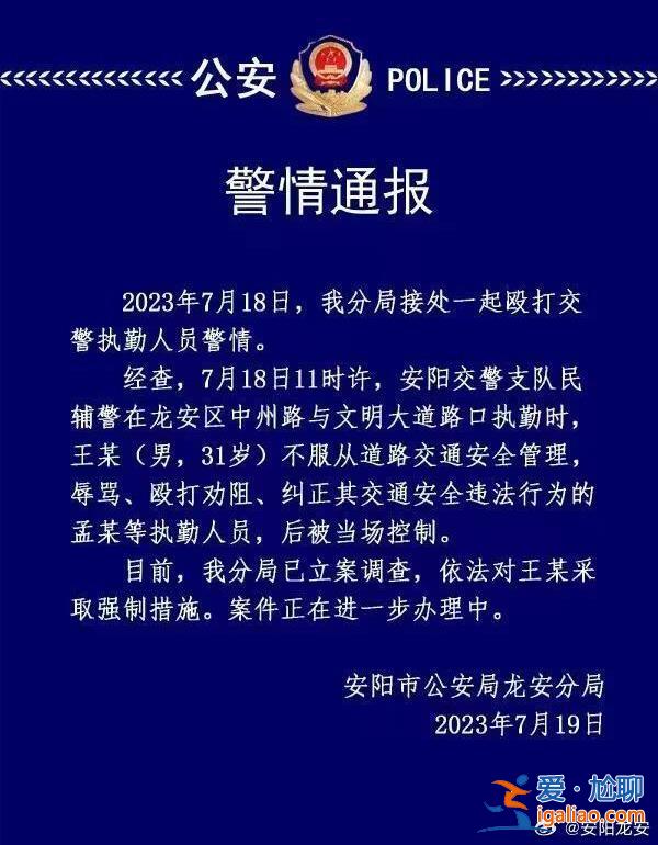 一男子不服從道路交通安全管理毆打交警執勤人員 河南安陽公安通報？